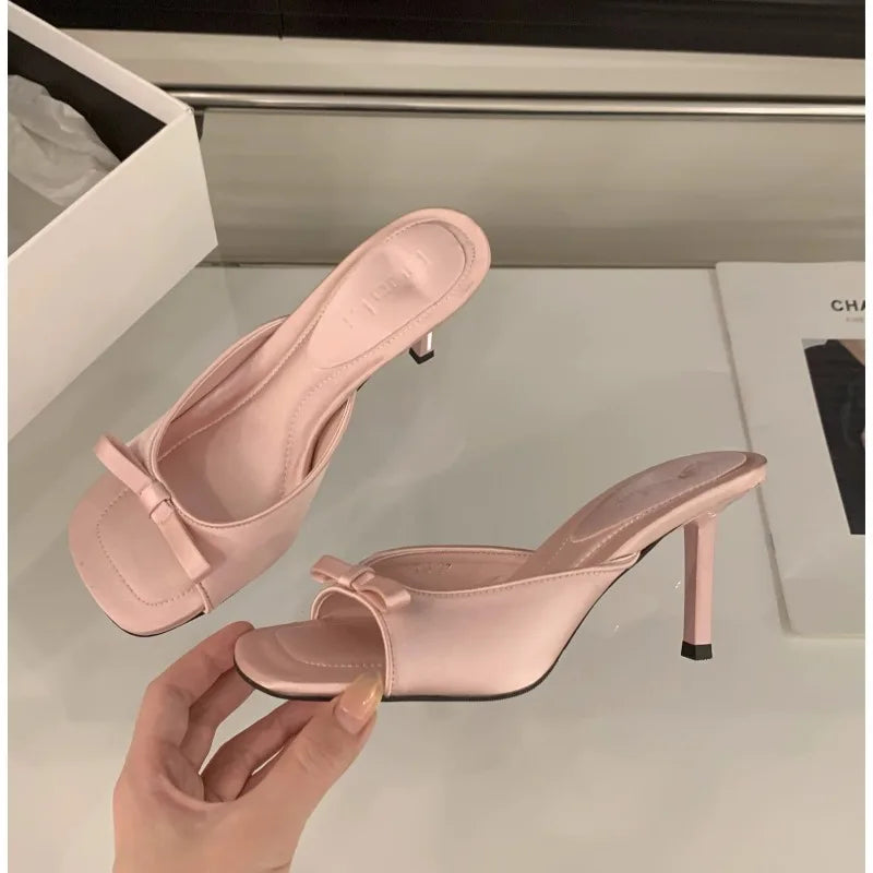 Women's Bow Strappy Mule Sandals | Open Toe Block Heel Mule Sandals Axl