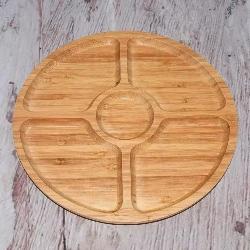 Round Bamboo Fruit Tray – 5-Compartment Divided Serving Plate Bamboo Serving Tray Axl