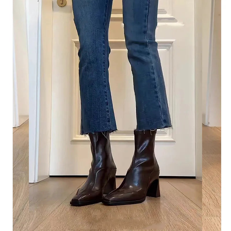 Women's Thick Heel Ankle Boots – Retro Square Toe High Heels Ankle Boots Axl Brown 7cm fleece 35