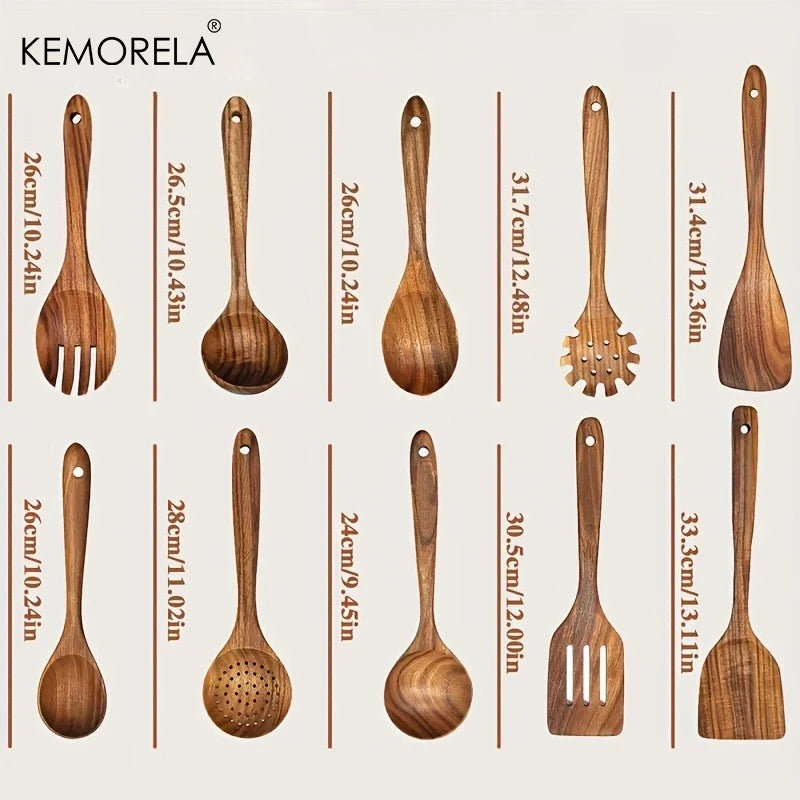 10-Piece Natural Wooden Kitchen Utensil Set – Spoons & Spatulas Wooden Kitchen Utensils Axl