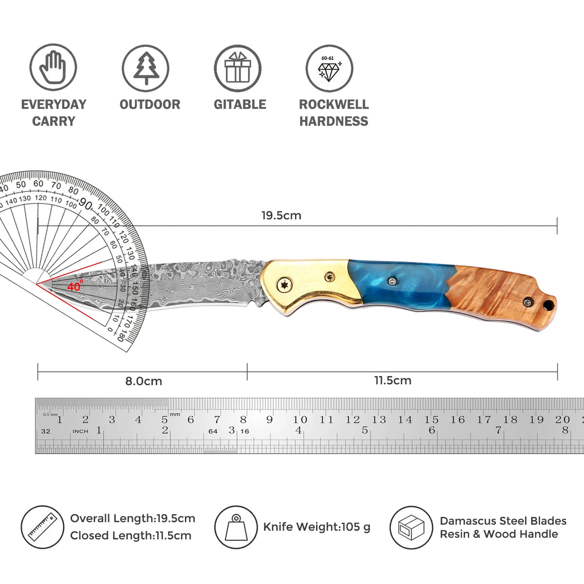 Damascus Steel Folding Knife – Rosewood & Resin Handle | EDC Folding Pocket Knife Axl