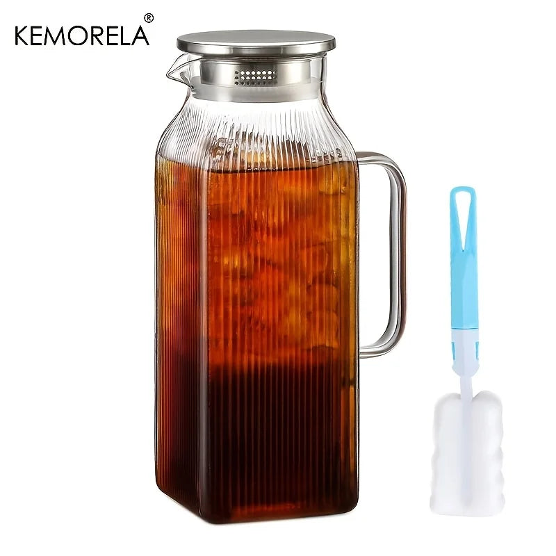 KEMORELA 2L Glass Kettle – Stripe Design, Lid & Cleaning Brush Glass Beverage Kettle Axl