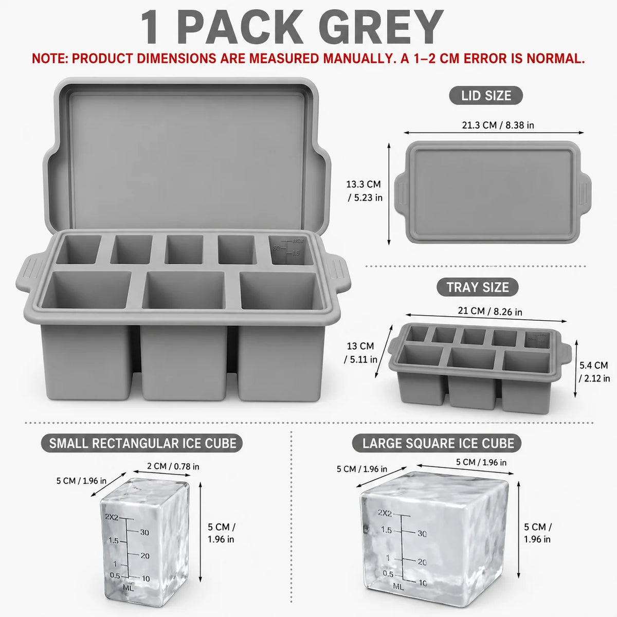 Silicone Ice Cube Tray with Metal Frame & Lid | 8 Large Cubes Silicone Ice Cube Tray Axl 1 Pack Grey