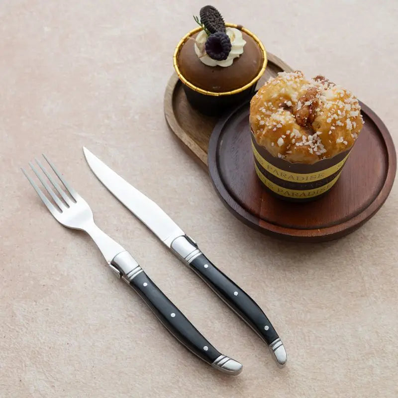 Laguiole Serrated Steak Knife & Fork Set | Black Handle Steel Steak Knife Set Axl
