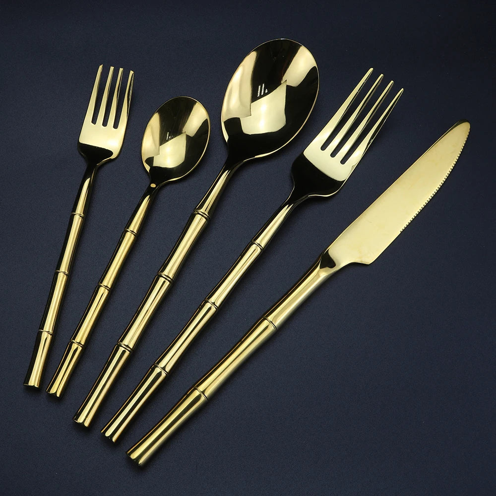 Bamboo Handle Stainless Steel Steak Knife & Fork Set Flatware Set Axl