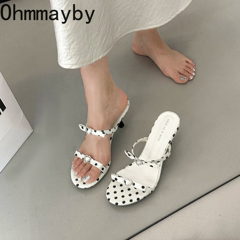 Rhinestone Kitten Heel Slippers – Polka Dot Women's Slides Kitten Heel Slippers Axl