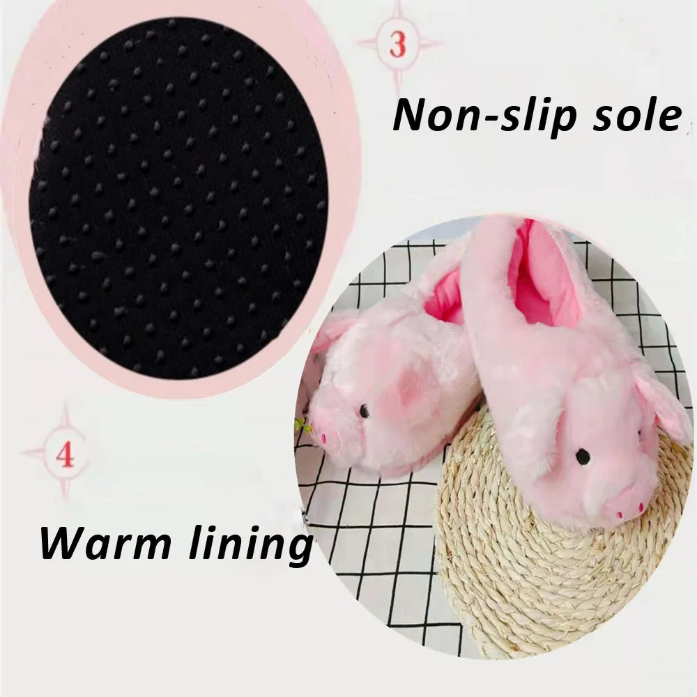 Cartoon Pig Fluffy Slippers – Women's Pink Slip-On Slides Novelty Slippers Axl