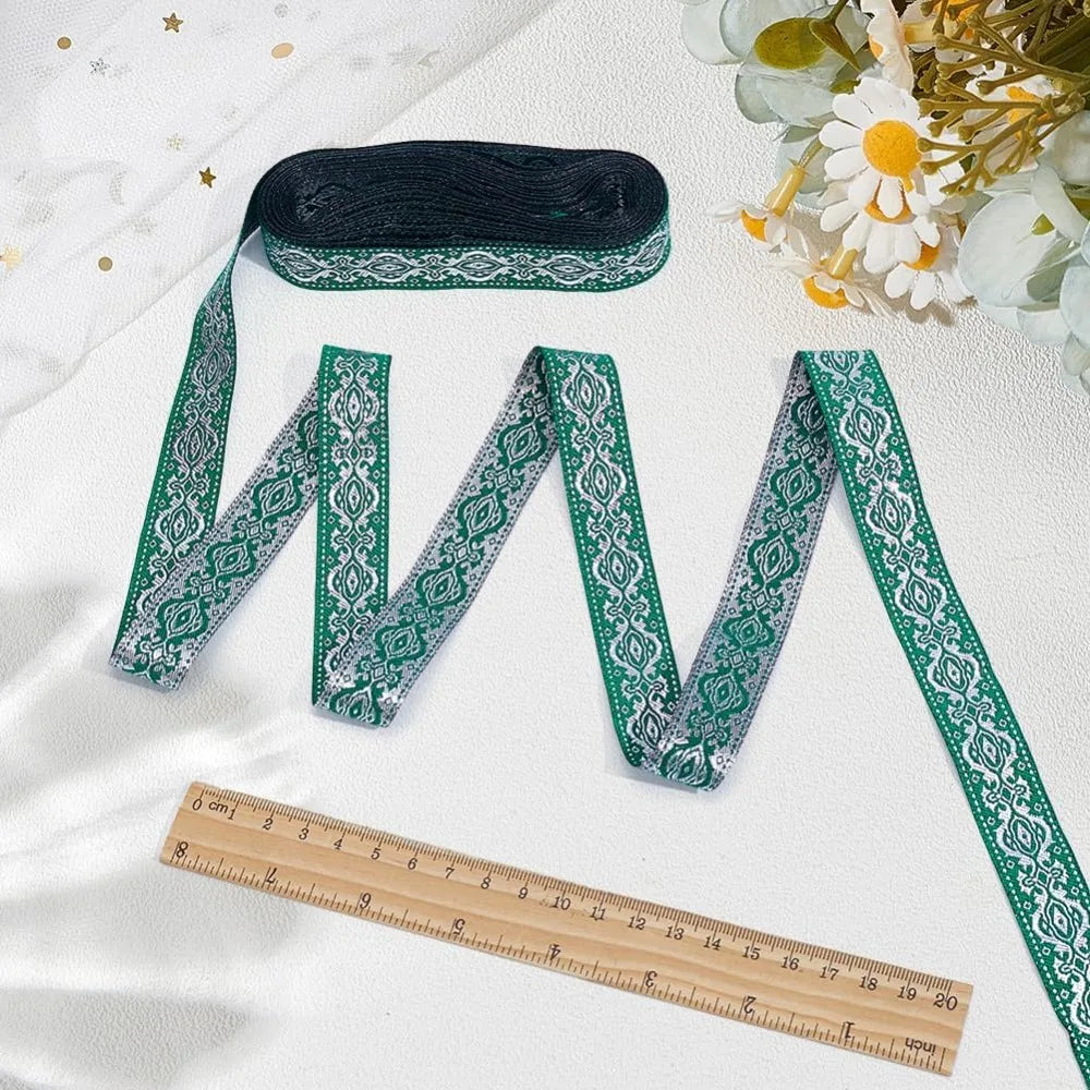 Green Ethnic Jacquard Ribbon 20mm Polyester Floral Trim 7.7 Yds Jacquard Ribbon Trim Axl