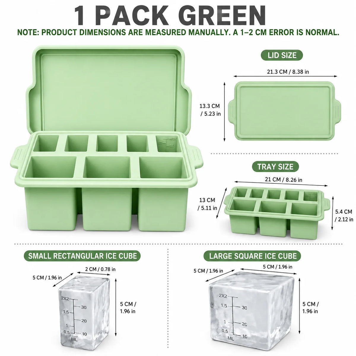Silicone Ice Cube Tray with Metal Frame & Lid | 8 Large Cubes Silicone Ice Cube Tray Axl 1 Pack Green