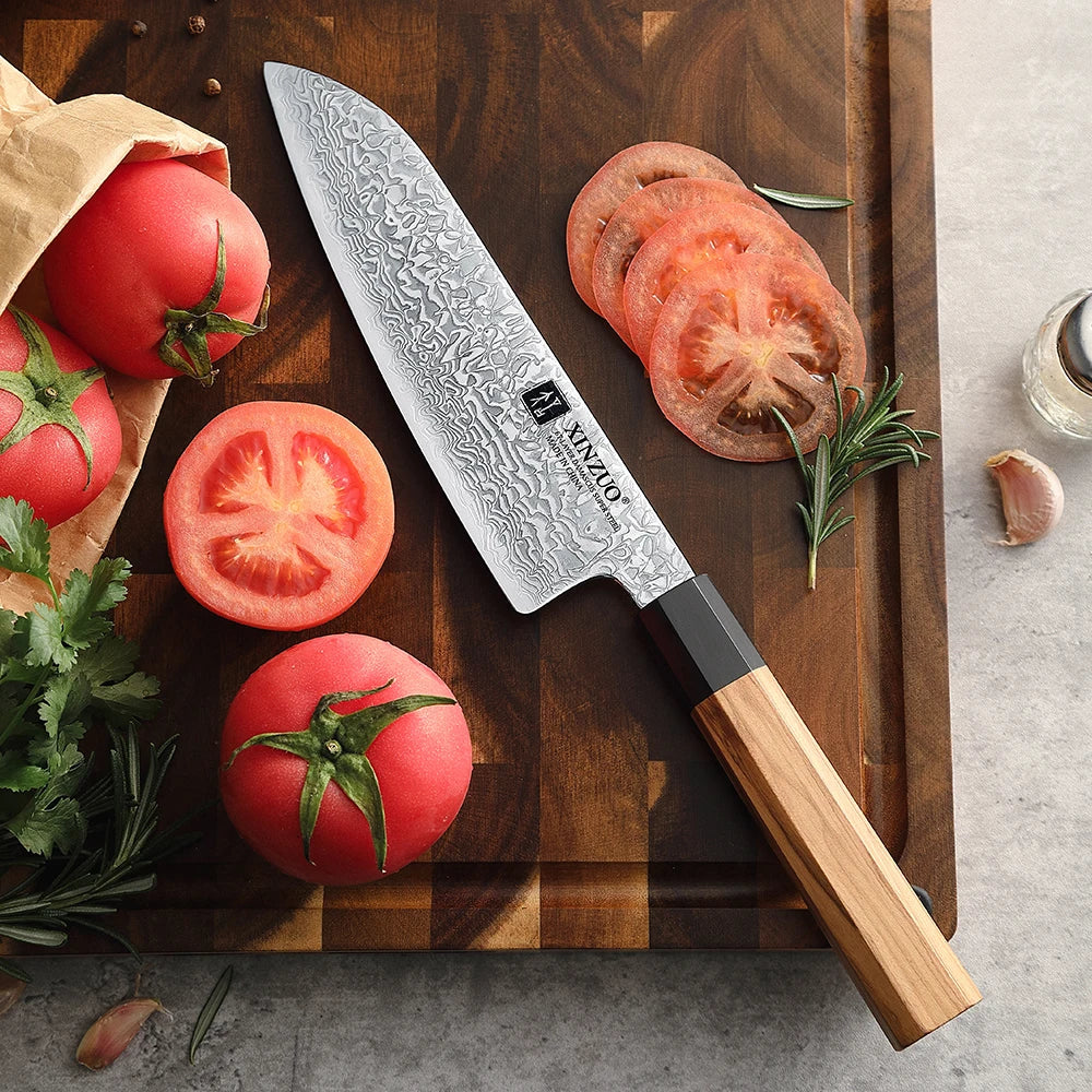 XINZUO 7.3" Damascus Santoku Knife – Olive Wood Handle Damascus Santoku Knife Axl