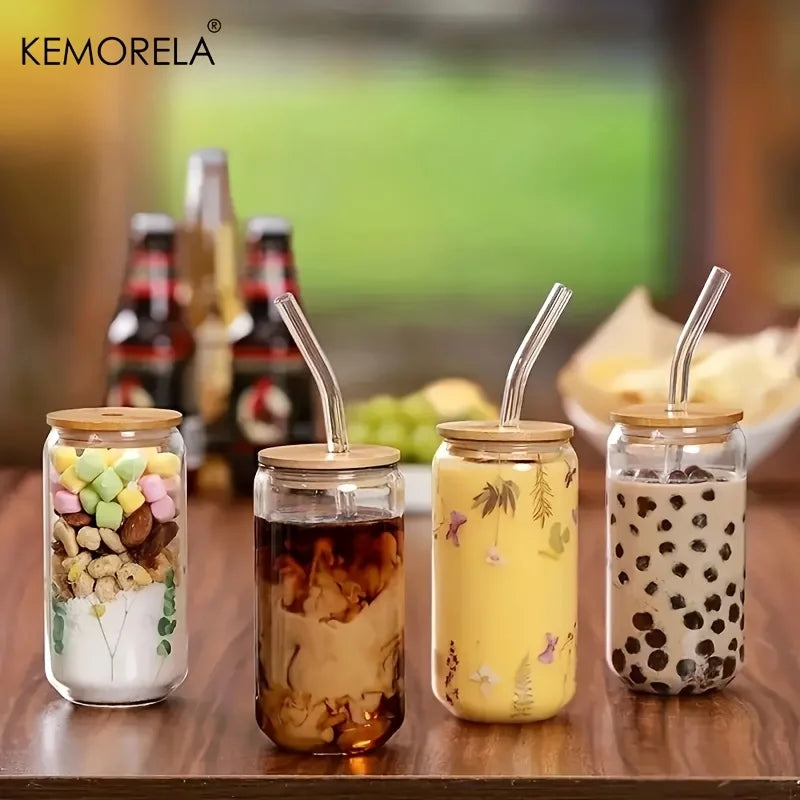 KEMORELA Glass Bubble Tea Cups with Lid & Straw – 1 or 4 Pack Glass Cup Set Axl