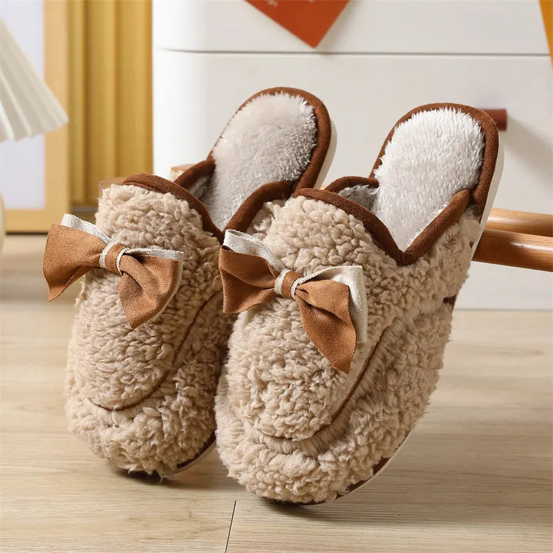 Women's Winter Plush Fur Slippers – Cute Bow Non-Slip Indoor Women's Indoor Slippers Axl Brown 38-39