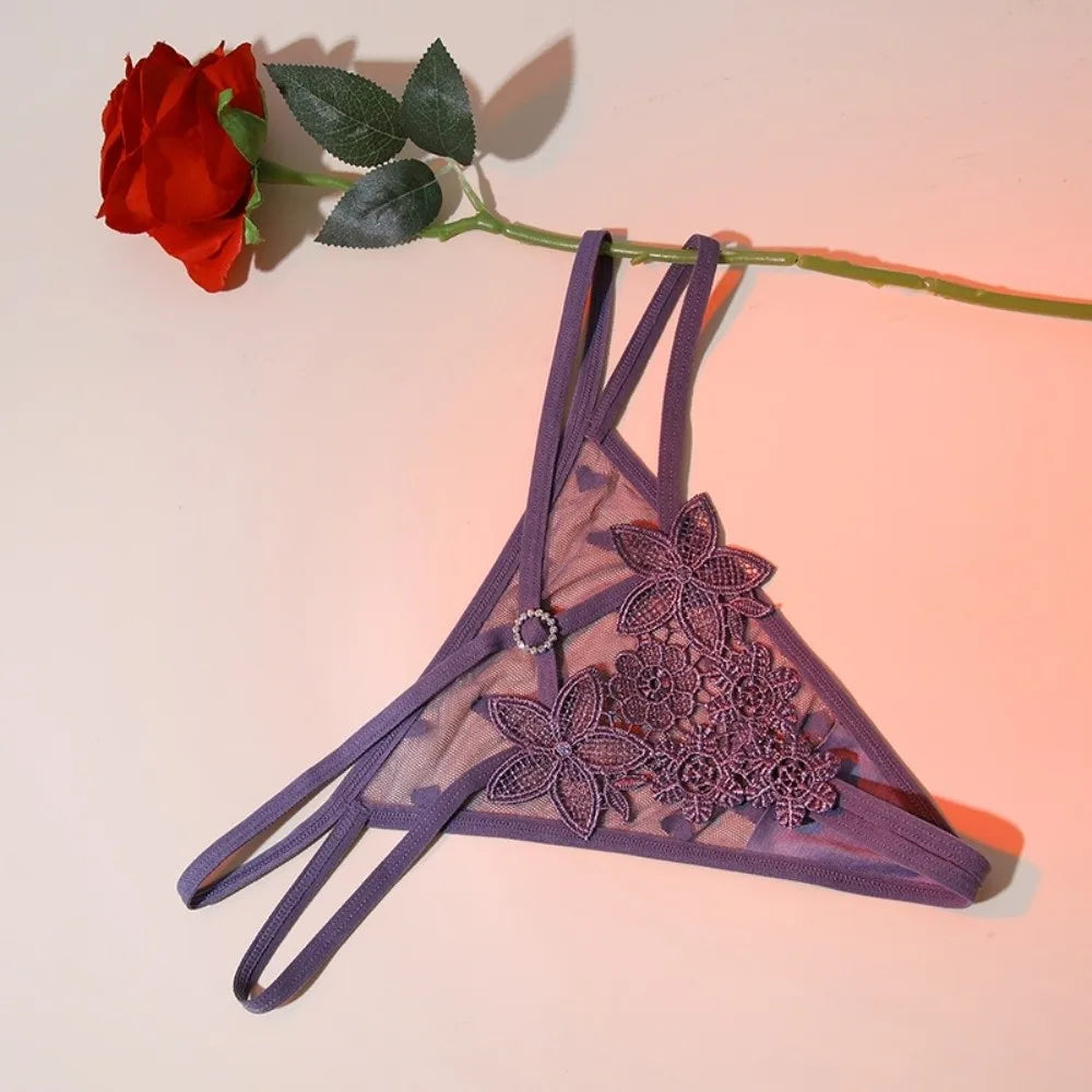 Women's Low Rise Floral Embroidery Thong – Lace Bikini Brief Thong Panties Axl Grey Purple One Size 1pc