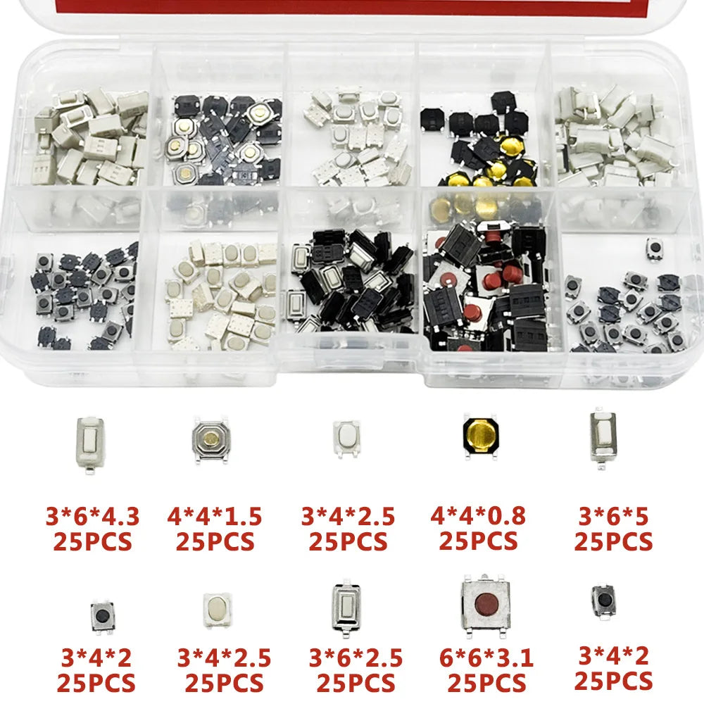 250PCS Tactile Push Button Switch Kit – 10 Types Microswitch Set Microswitch Assortment Kit Axl