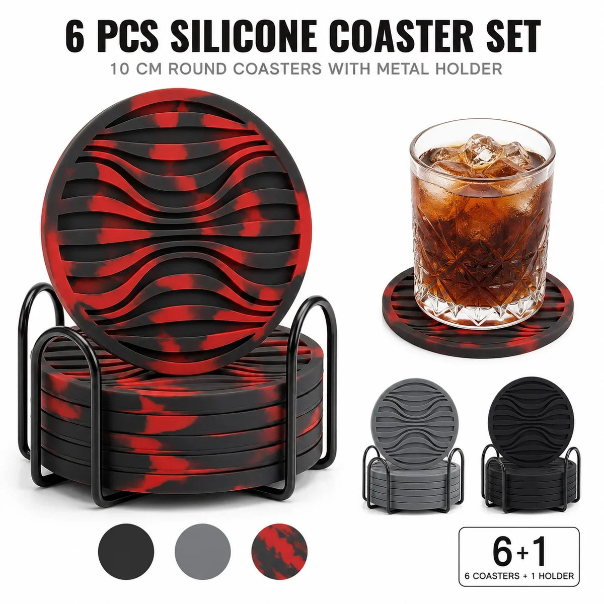 6-Pack Silicone Drink Coasters with Holder | Non-Slip, Heat Resistant Silicone Coaster Set Axl