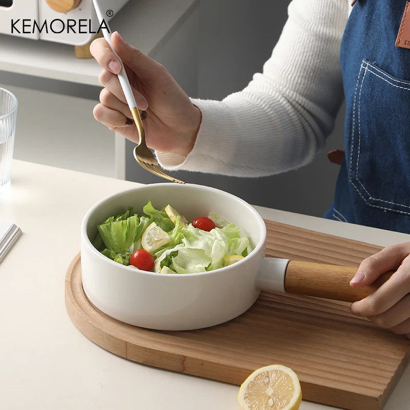 KEMORELA Ceramic Salad Bowl with Wooden Handle | Dinner Bowl Ceramic Dinnerware Bowl Axl