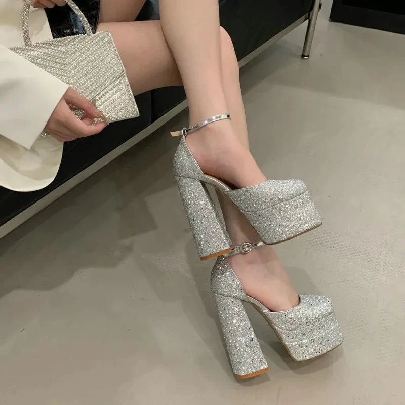 Women's Silver Platform High Heel Sandals | Luxury Party Pumps High Heel Sandals Axl