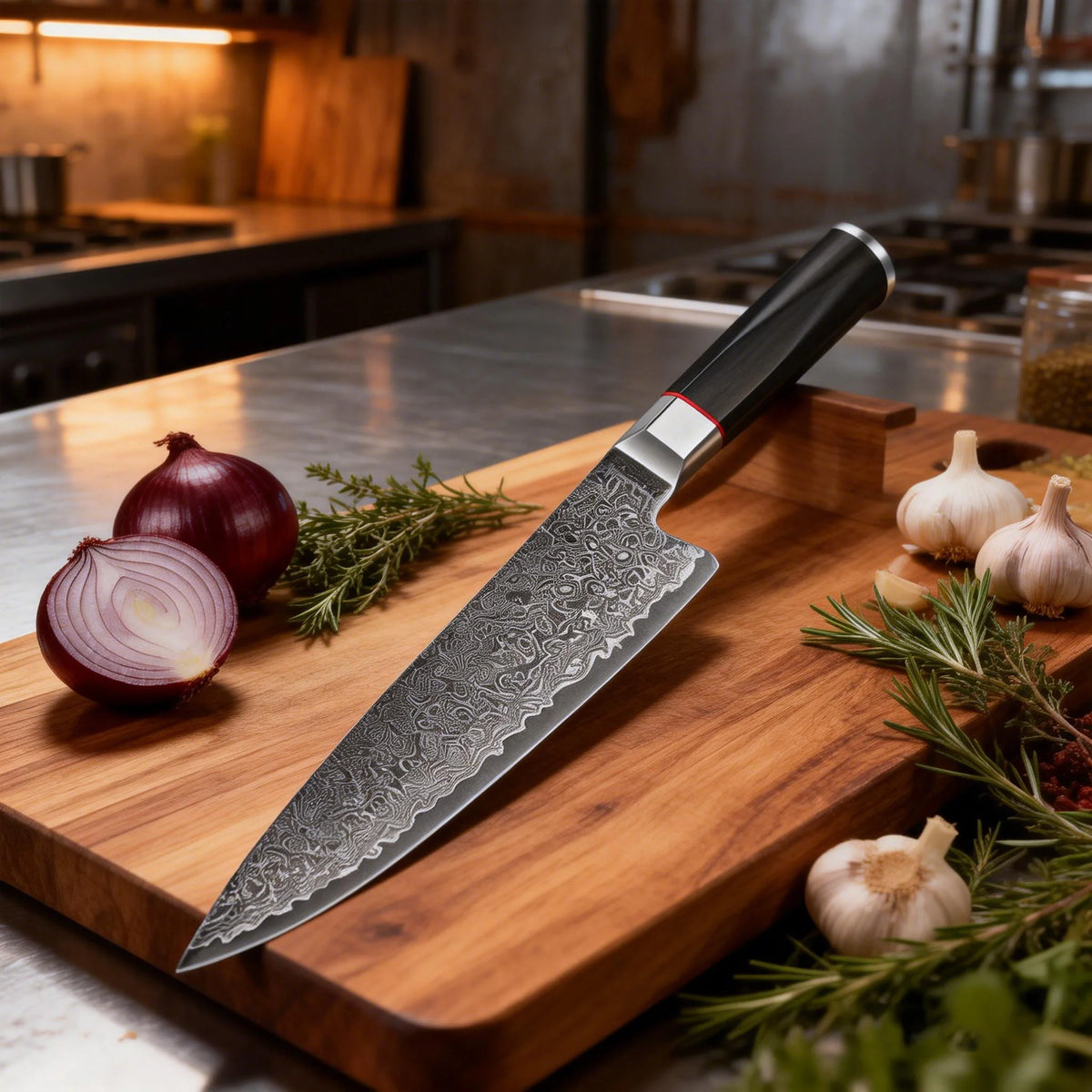 Damascus Chef's Knife – Japanese Style, 17.5cm Wood Handle Damascus Chef's Knife Axl
