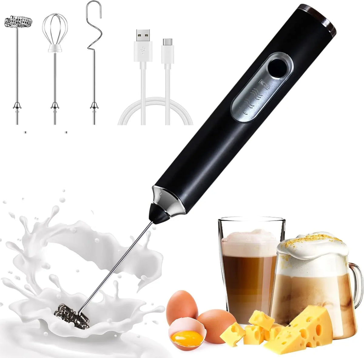 USB Rechargeable Handheld Milk Frother – 3 Speeds, 2 Whisks Handheld Milk Frother Axl Black