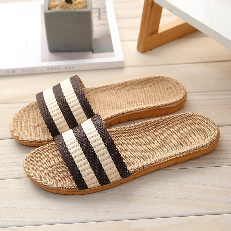Striped Linen Slippers – Non-Slip EVA Breathable Indoor Sandals Linen Indoor Slippers Axl brown 37-38