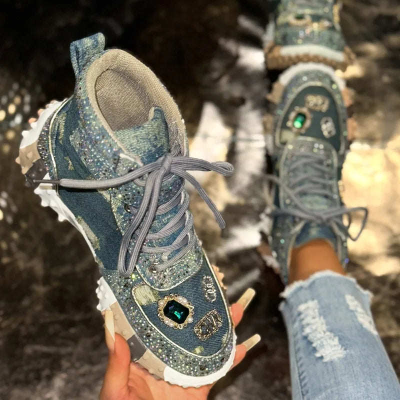 Women's Rhinestone High-Top Sneaker Boots – Thick Sole High-Top Sneaker Boots Axl