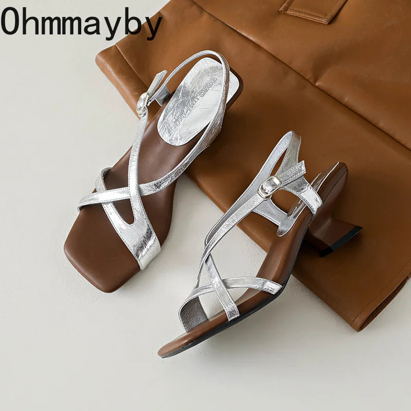 Women's Square Toe Strappy Block Heel Sandals | Party Slingbacks Strappy Block Heel Sandals Axl