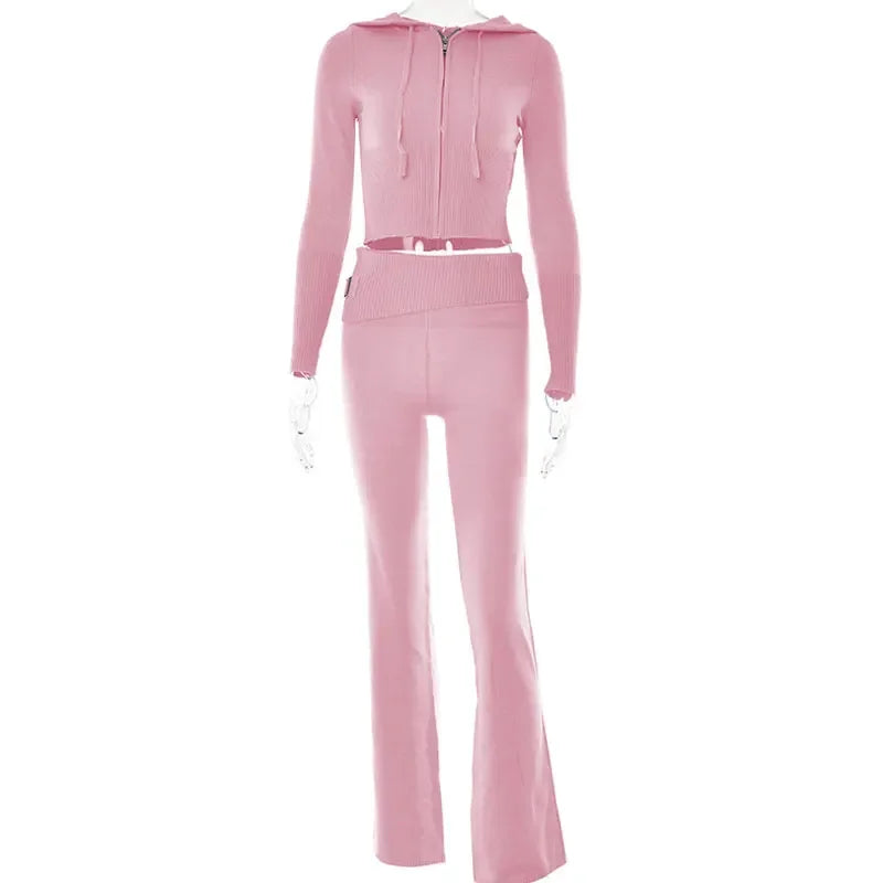 Women's Ribbed Knit Tracksuit – Hooded Crop Top & Flare Pants Women's Tracksuit Set Axl Pink S