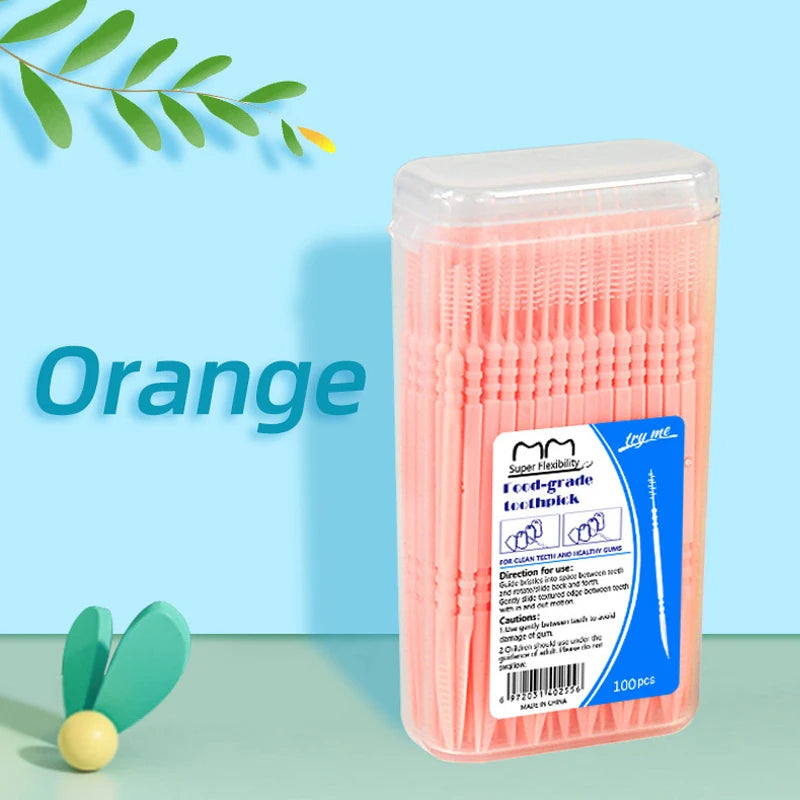 100-Pack Double Head Dental Toothpick Brush & Floss Picks Dental Floss Picks Axl Orange