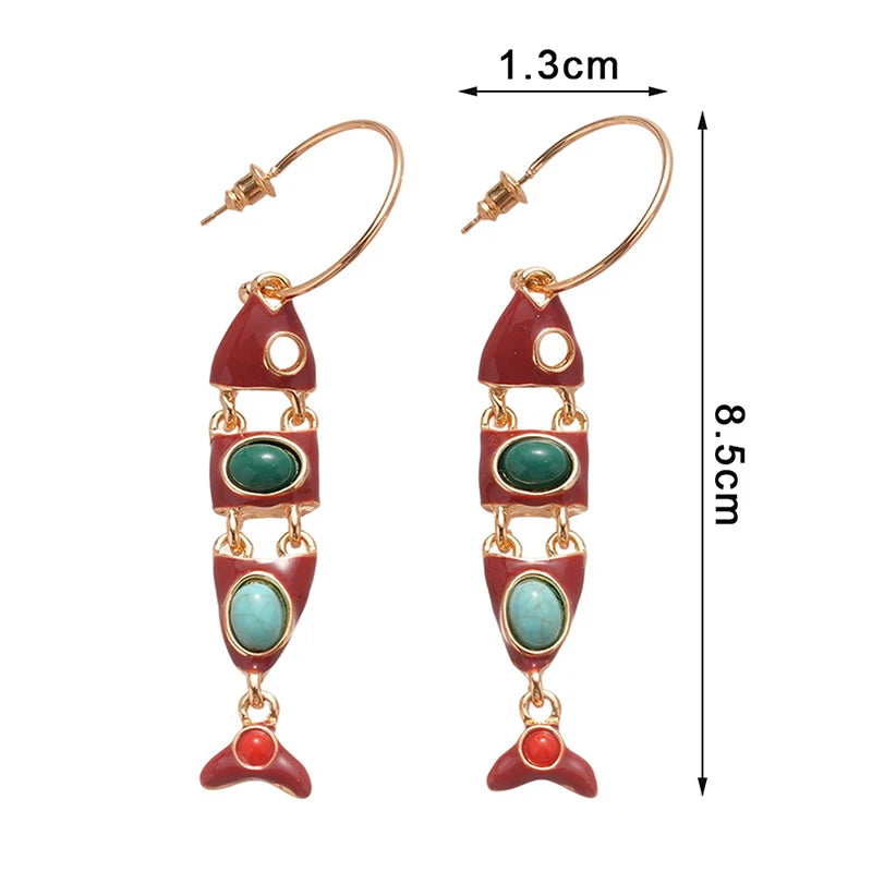 Red Enamel Fish Tassel C-Hoop Earrings | Ethnic Boho Style Hoop Earrings Axl