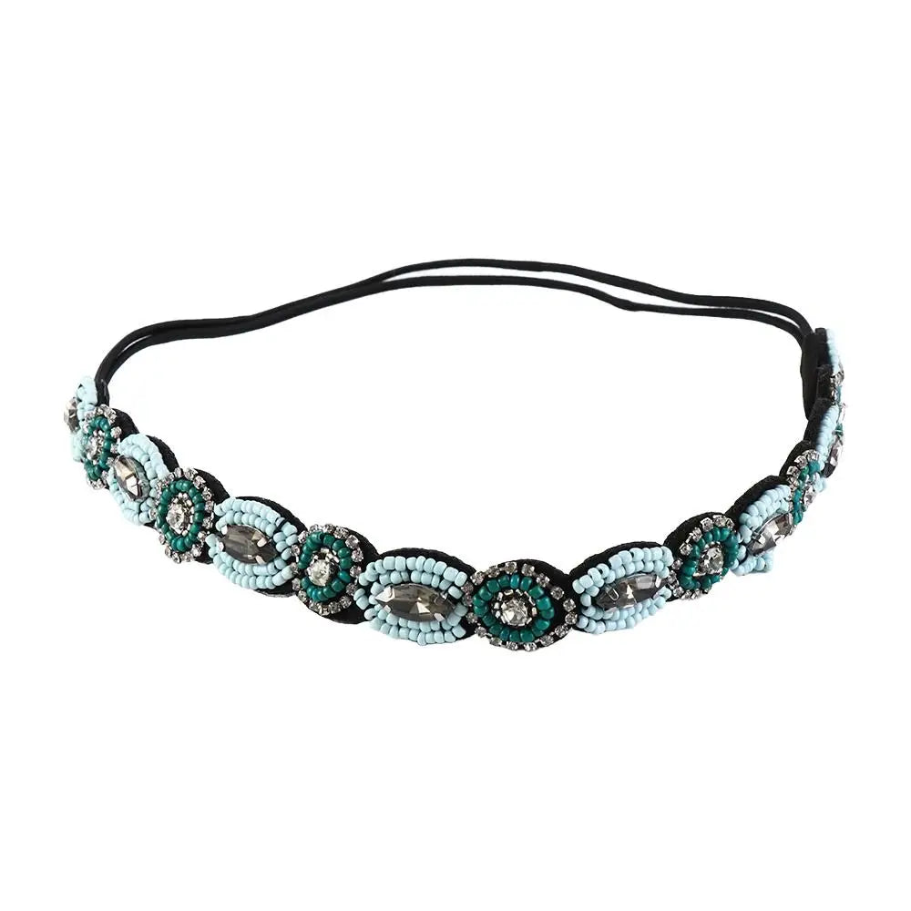 Rhinestone Beaded Headband – Bohemian Elastic Hair Band Beaded Headband Axl blue