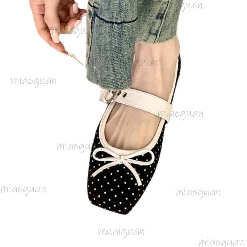 Women's Bowknot Ballet Flats – Buckle Strap Square Toe Shoes Ballet Flats Axl