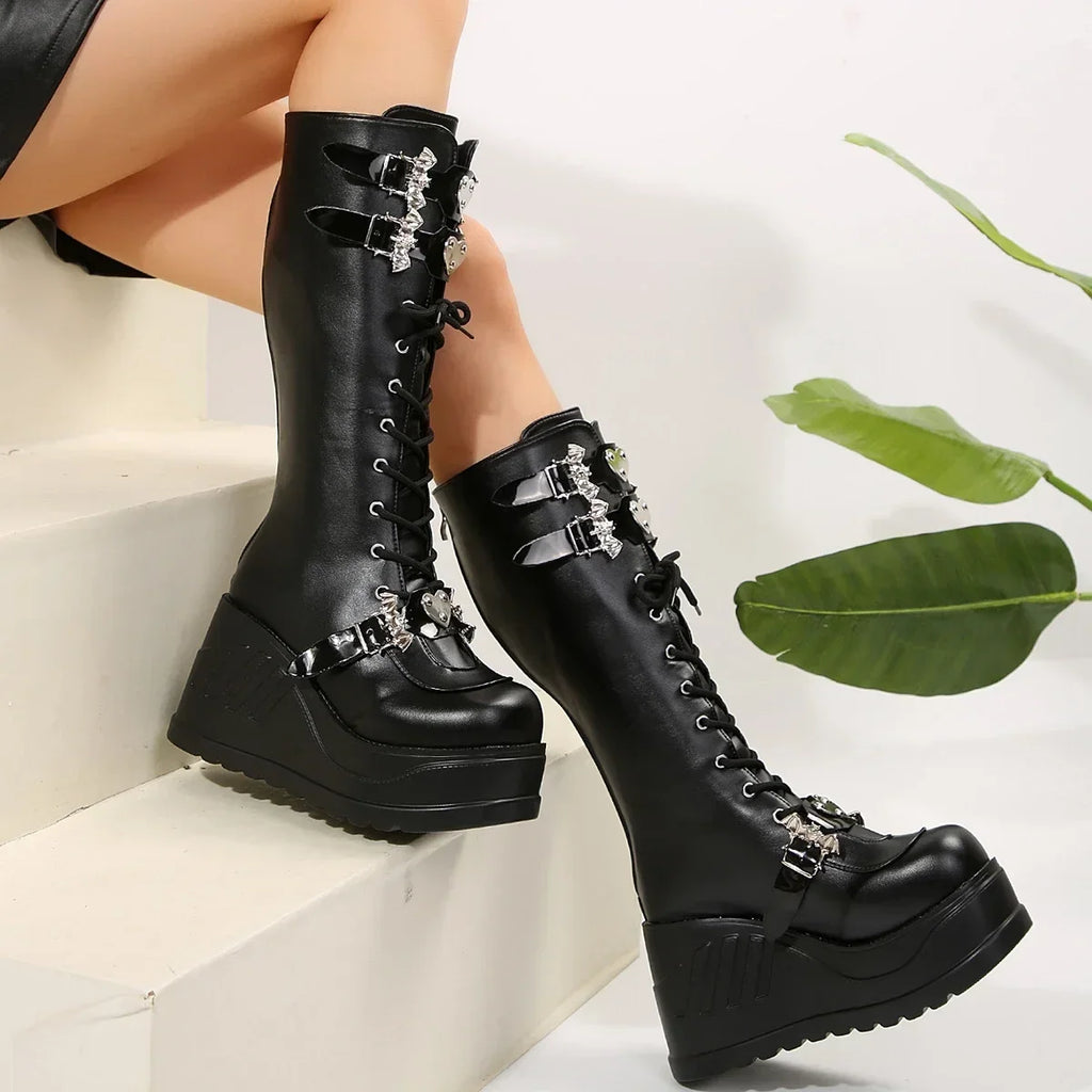 Women's Retro Punk Wedge Boots – Lace-Up PU Leather Sizes 35–43 Wedge Ankle Boots Axl