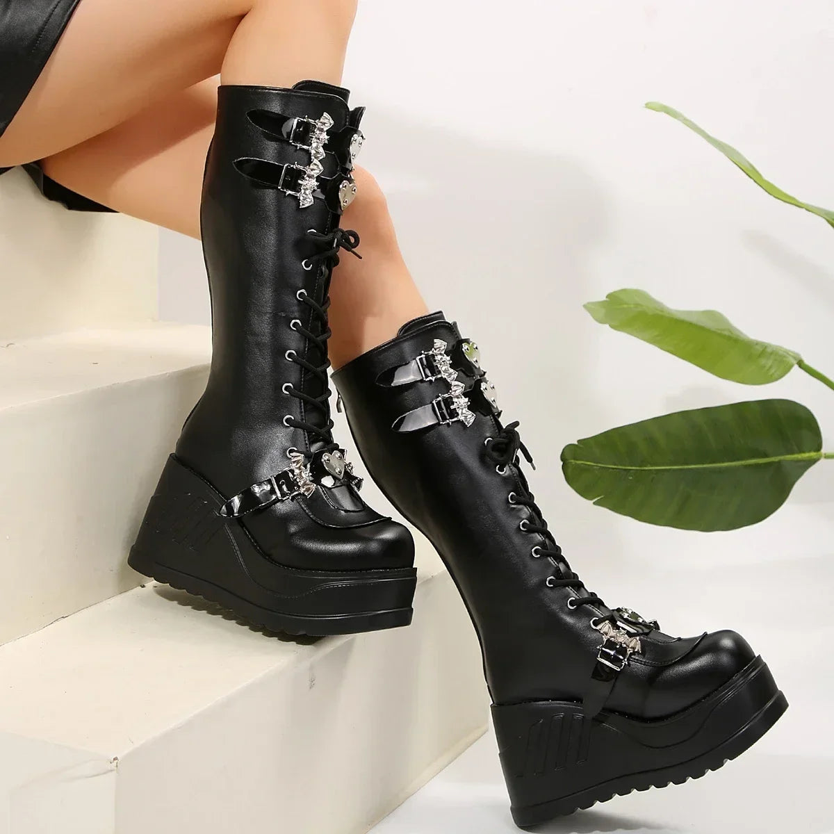 Women's Retro Punk Wedge Boots – Lace-Up PU Leather Sizes 35–43 Wedge Ankle Boots Axl