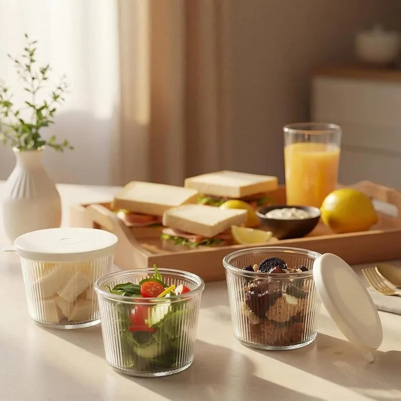 KEMORELA Glass Bowls with Lids – Stackable Striped Set Glass Storage Bowls Axl