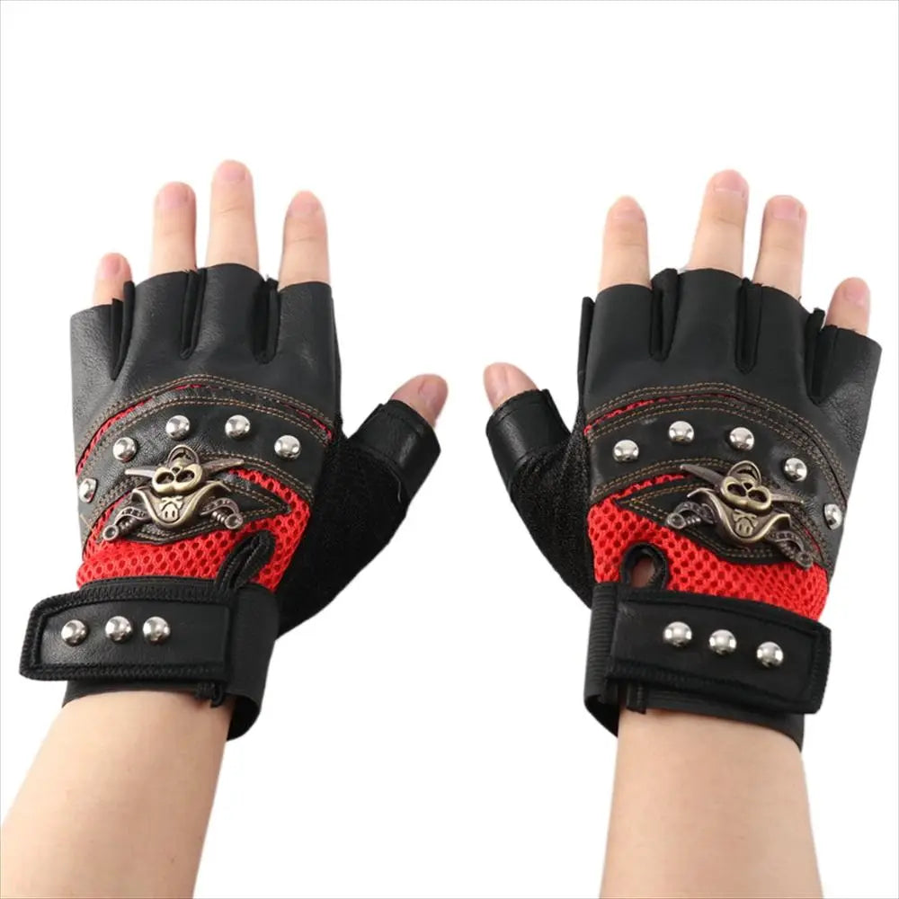 Punk Skull Rivet Half Finger PU Leather Cycling Gloves Cycling Gloves Axl Red