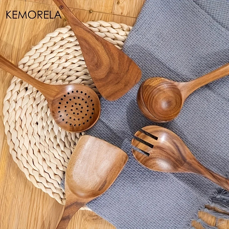 5-Piece Natural Wooden Cookware Set – Spoons, Spatula & Skimmer Wooden Kitchen Utensils Axl