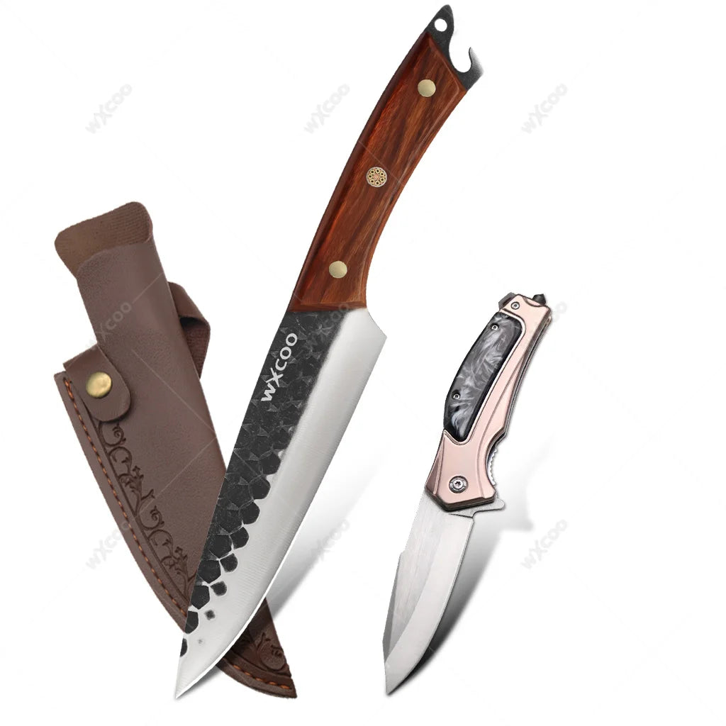 WXCOO Forged Kitchen Chef Knife & Folding Knife Set | Wood Handle Kitchen Knife Set Axl 2PCS