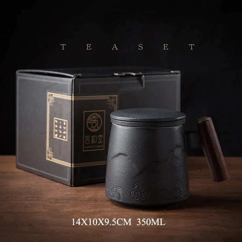 Retro Ceramic Coffee Mug with Lid & Wooden Handle | Gift Box Ceramic Coffee Mug Axl 7 301-400ml