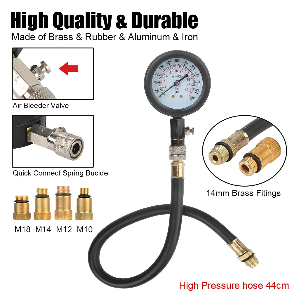 Engine Compression Tester Kit 0-300 PSI | M10 M12 M14 M18 Compression Tester Kit Axl