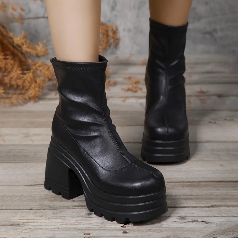 Women's Square Toe High Heel Mid-Calf Boots | Platform Zipper Women's Heeled Boots Axl