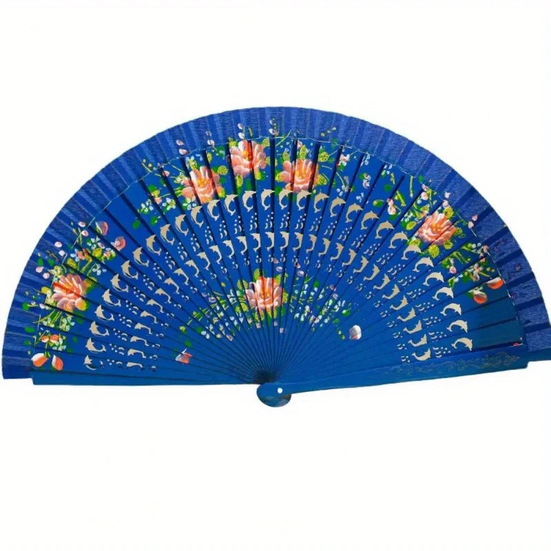 Wooden Spanish Folding Fan – Double-Sided Floral Dance & Decor Decorative Folding Fan Axl Royal Blue