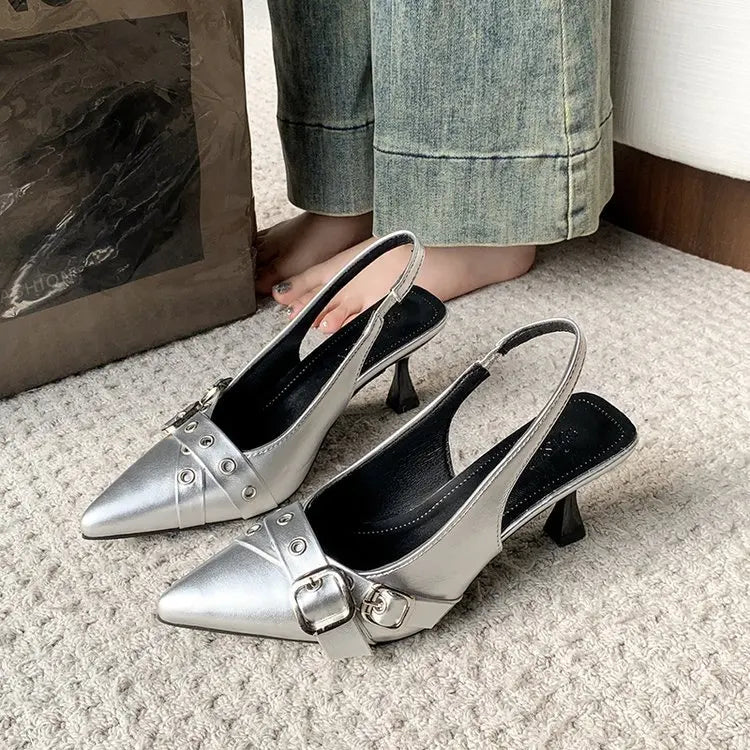 YBQJOO Women's Kitten Heel Sandals | Pointed Toe Buckle Strap Kitten Heel Sandals Axl