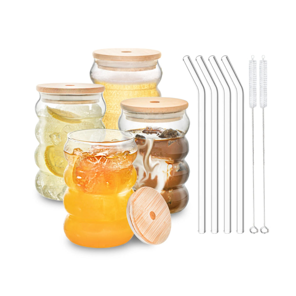 4-Pack Wave Borosilicate Glass Cups with Lid & Straw | KEMORELA Glass Drinkware Set Axl 4PCS-Transparent 401-500ml