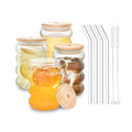 4-Pack Wave Borosilicate Glass Cups with Lid & Straw | KEMORELA Glass Drinkware Set Axl 4PCS-Transparent 401-500ml
