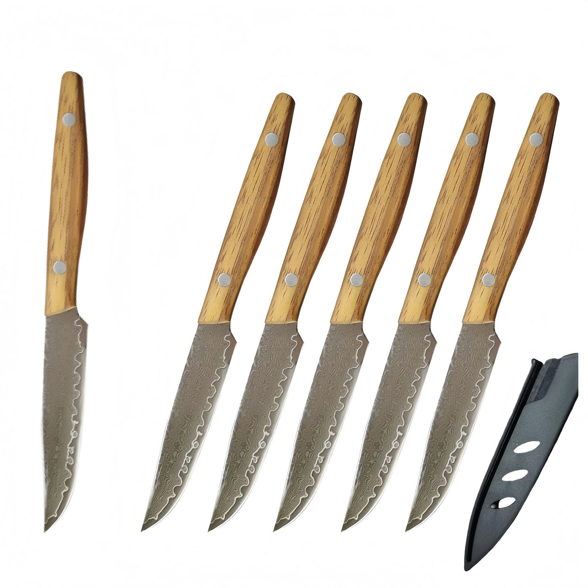 Damascus Steel Steak Knife – 67-Layer Blade & Wood Handle Damascus Kitchen Knife Axl 6 Pcs