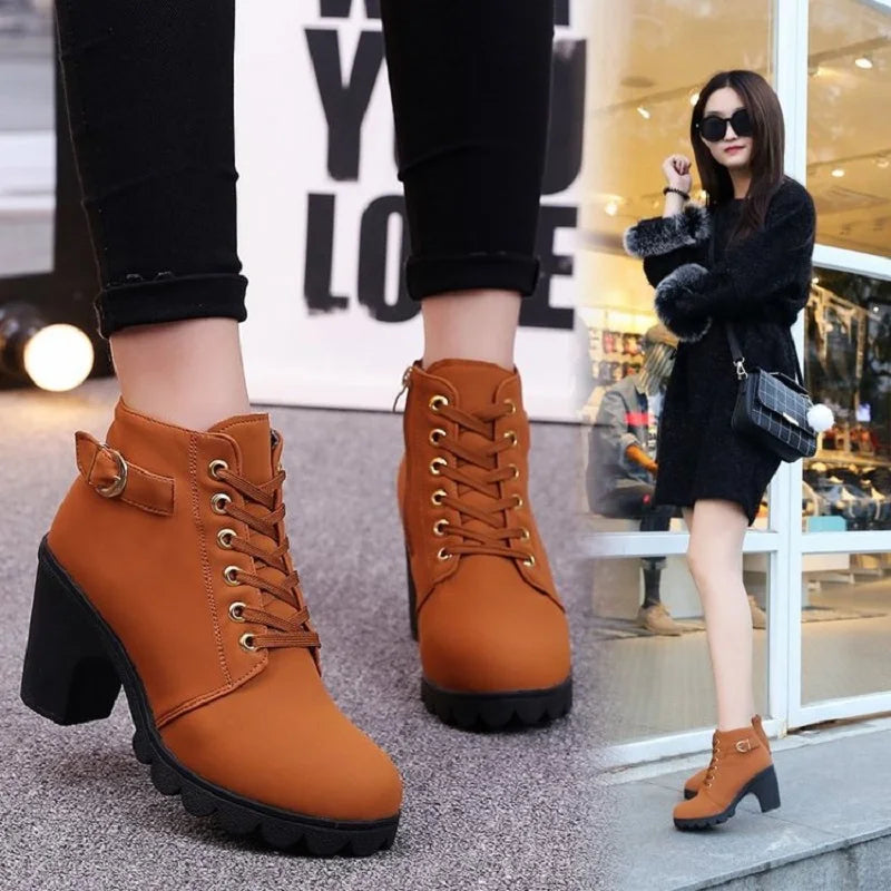 Women's Lace-Up Ankle Boots | Square Heel Platform Booties Heeled Ankle Boots Axl