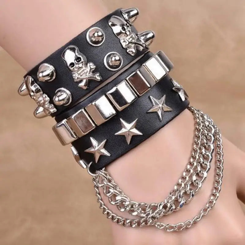 Punk Gothic Skull Spike Rivet PU Leather Wide Cuff Bracelet Cuff Bracelet Axl