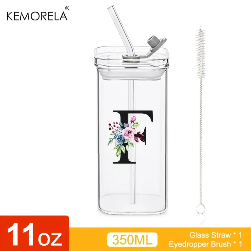 KEMORELA 300ml Letter-Shaped Glass Tumbler with Lid & Straw
