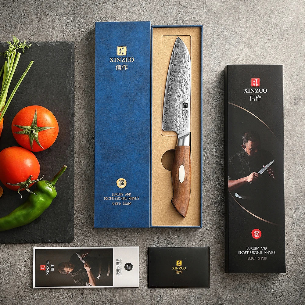 XINZUO 5.5" AUS10 Damascus Steel Santoku Knife – Jiang Series Santoku Kitchen Knife Axl