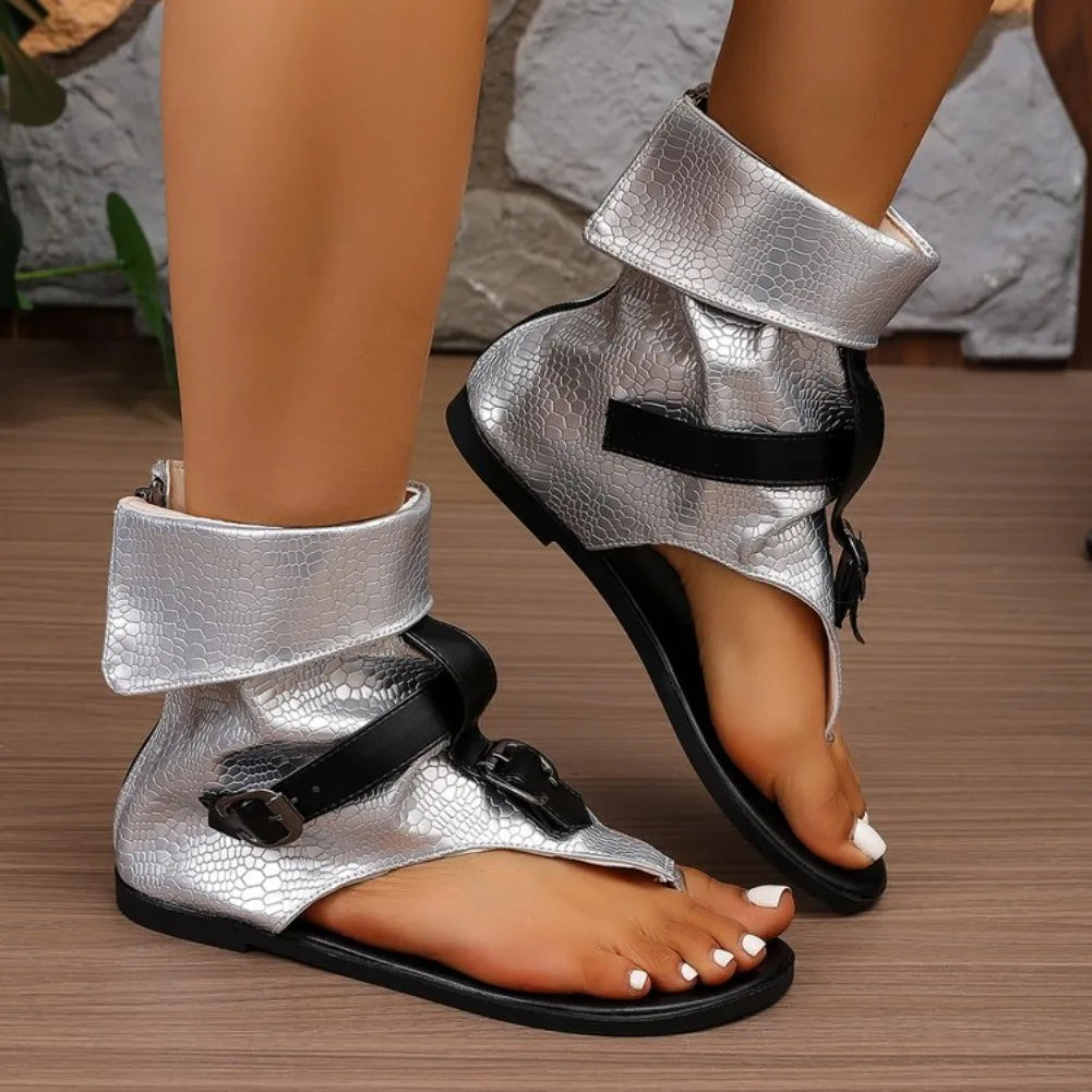 Women's Flat Roman Gladiator Sandal Bootie | Double Buckle Open Toe Gladiator Sandal Bootie Axl 41 Silver